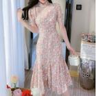 Short-sleeve Floral Printed Cut-out Qipao Dress