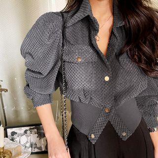 Puff-sleeve Waffle-knit Cropped Cardigan