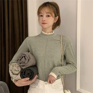 Semi High-neck Ruffled-trim Slim-fit Top