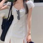 Short-sleeve Square Neck Lace Trim Slited Mini Dress