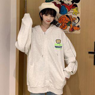 Bear Embroidered Lettering Hooded Zip Jacket