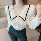Collared Lace Trim Dotted Blouse