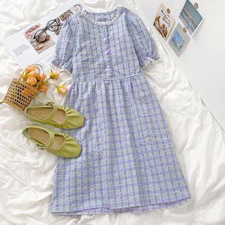 Short-sleeve Plaid Dress Purple - One Size
