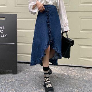 Ruffle Trim Denim High-low Skirt