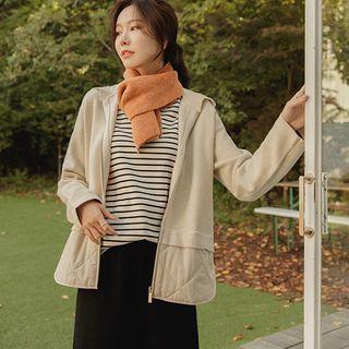 Quilted-panel Knit Zip-up Hoodie