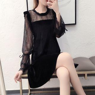 Long-sleeve Lace Panel Mini Velvet Dress