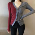V-neck Color-block Cardigan Wine Red - One Size