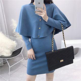 Set: Long Sleeve Knit Dress + Cape