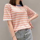 Embroidered Striped Short-sleeve Knit Top