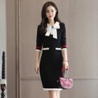 Bow-accent Contrast Trim Knit Sheath Dress