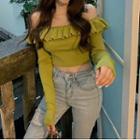 Off-shoulder Ruffled Cropped Top Green - One Size