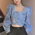 Long-sleeve Floral Denim Crop Top As Shown In Figure - One Size