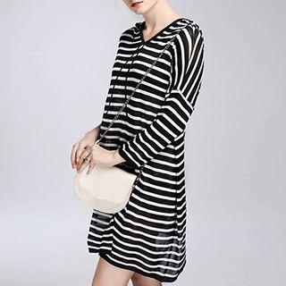 Striped Hooded 3/4 Sleeve T-shirt Dress