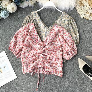 Floral Print Puff-sleeve Drawstring Blouse