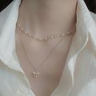 Bow Faux Pearl Rhinestone Pendant Layered Alloy Choker Necklace 3917 - 1 Pc - Gold - One Size