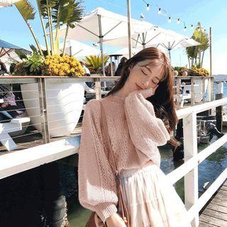 Long-sleeve Knit Top / Tiered Midi A-line Mesh Skirt
