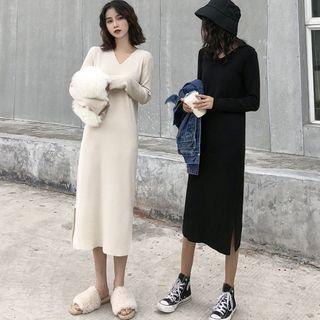 Plain Long-sleeve Knit Slit Midi Dress