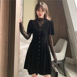 Set: Long-sleeve Mock-neck Lace Top + Short-sleeve Mini A-line Dress