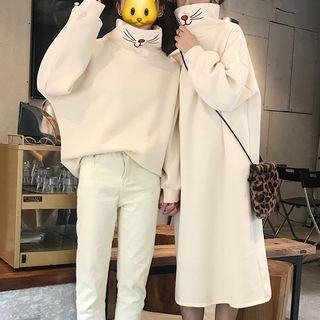 Mock Turtleneck Cat Embroidered Pullover / Mock Turtleneck Cat Embroidered Midi Pullover Dress