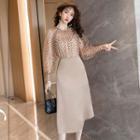 Set: Dotted Sheer Top + Strappy Midi A-line Dress