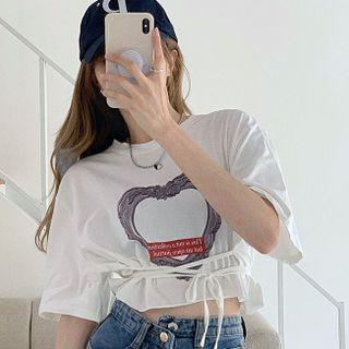 Short-sleeve Heart Print Drawstring T-shirt White - One Size
