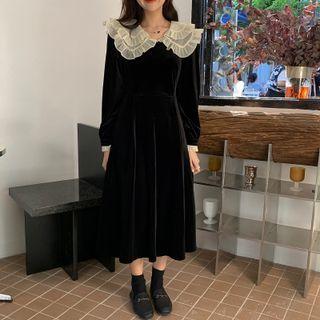 Long-sleeve Layered Collared Midi A-line Dress