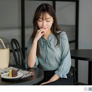 Frilled Trim Stand Collar Elbow Sleeve Lace Top