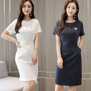 Pinstriped Short Sleeve Sheath Dress