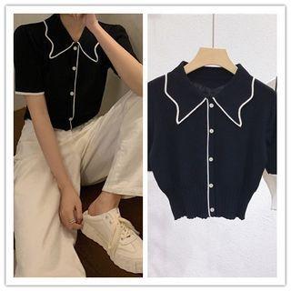 Short Sleeve Contrast Trim Button-up Cropped Cardigan