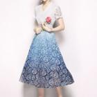 Short-sleeve Gradient Lace A-line Midi Dress