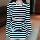 Long-sleeve Striped Cropped T-shirt / Mini Pencil Skirt