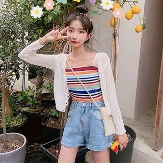 Plain Cardigan / Color-block Striped Slim-fit Camisole Top