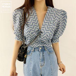 Puff-sleeve V-neck Geometric Print Lapel Loose Fit Blouse