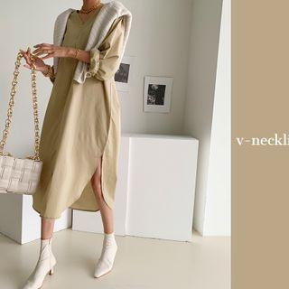 V-neck Boxy Long Shift Dress
