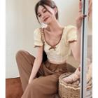 Puff-sleeve Bow-accent Slim-fit Cropped Top