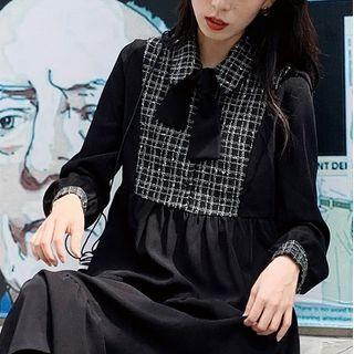 Tie-neck Tweed Panel Ruffle Midi Dress