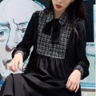 Tie-neck Tweed Panel Ruffle Midi Dress