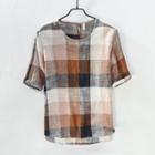 Short-sleeve Plaid Linen Blend T-shirt