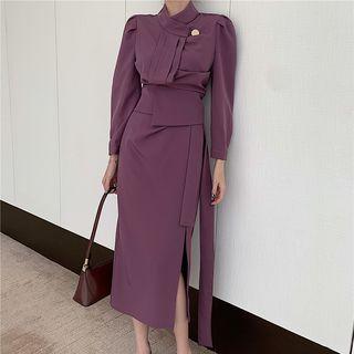 Set Of 2: Stand-collar Long-sleeve Blouse + Accent Side-slit Midi Skirt