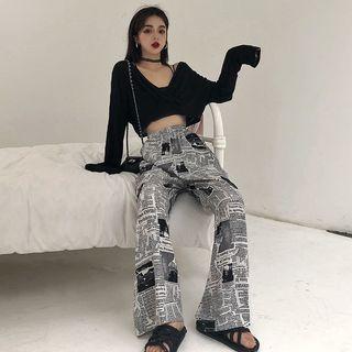 Long-sleeve Strappy Back Cropped Top / Newspaper Print Wide-leg Pants