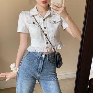 Short-sleeve Eyelet Lace Trim Cropped Shirt