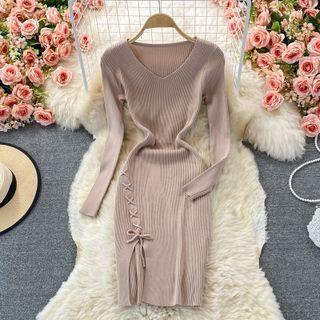 Long Sleeve Lace-up Plain Knit Dress