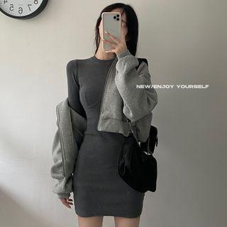 Hooded Zip Jacket / Long-sleeve Mini Bodycon Dress