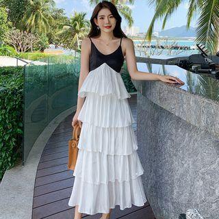 Spaghetti Strap Two-tone Layered Midi A-line Dress