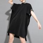 Lettering Side-slit Short-sleeve T-shirt Dress Black - One Size