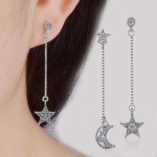 Rhinestone Star & Moon Dangle Earring 1 Pair - Copper Plated Platinum - One Size