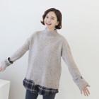 Mock-neck Checked-layered Knit Top