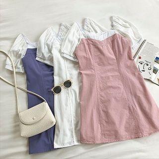 Mock Two-piece Square-neck Panel Puff-sleeve Dress