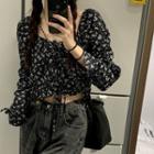 Long-sleeve Floral Print Drawstring Crop Top Top - Floral - Black & White - One Size