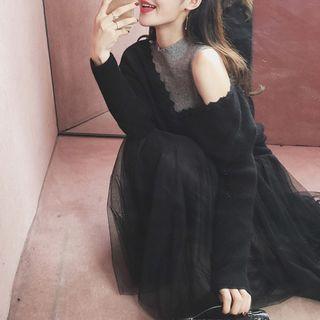 Set: Sleeveless Mesh Paneled A-line Midi Dress + Sweater